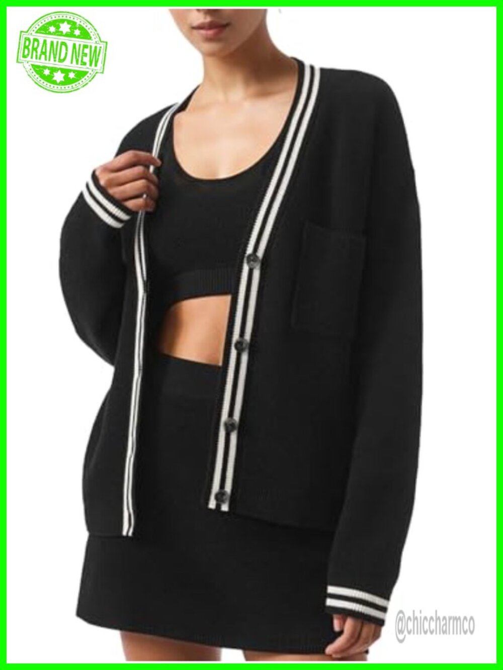 Oversized Color Blocked V Neck Button Down Open Front Knit Cardigan Sweater